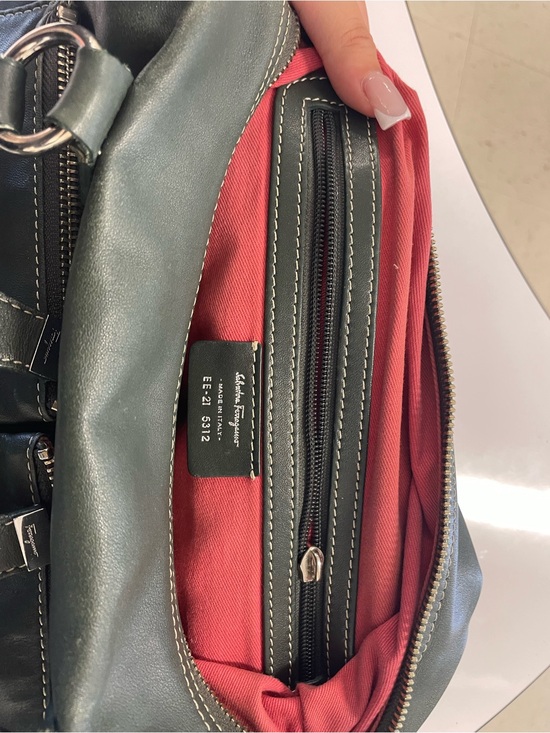 Salvatore Ferragamo Handbags - Salvatore Ferragamo Gray/green Leather Shoulder Bag with Red Interior vintage